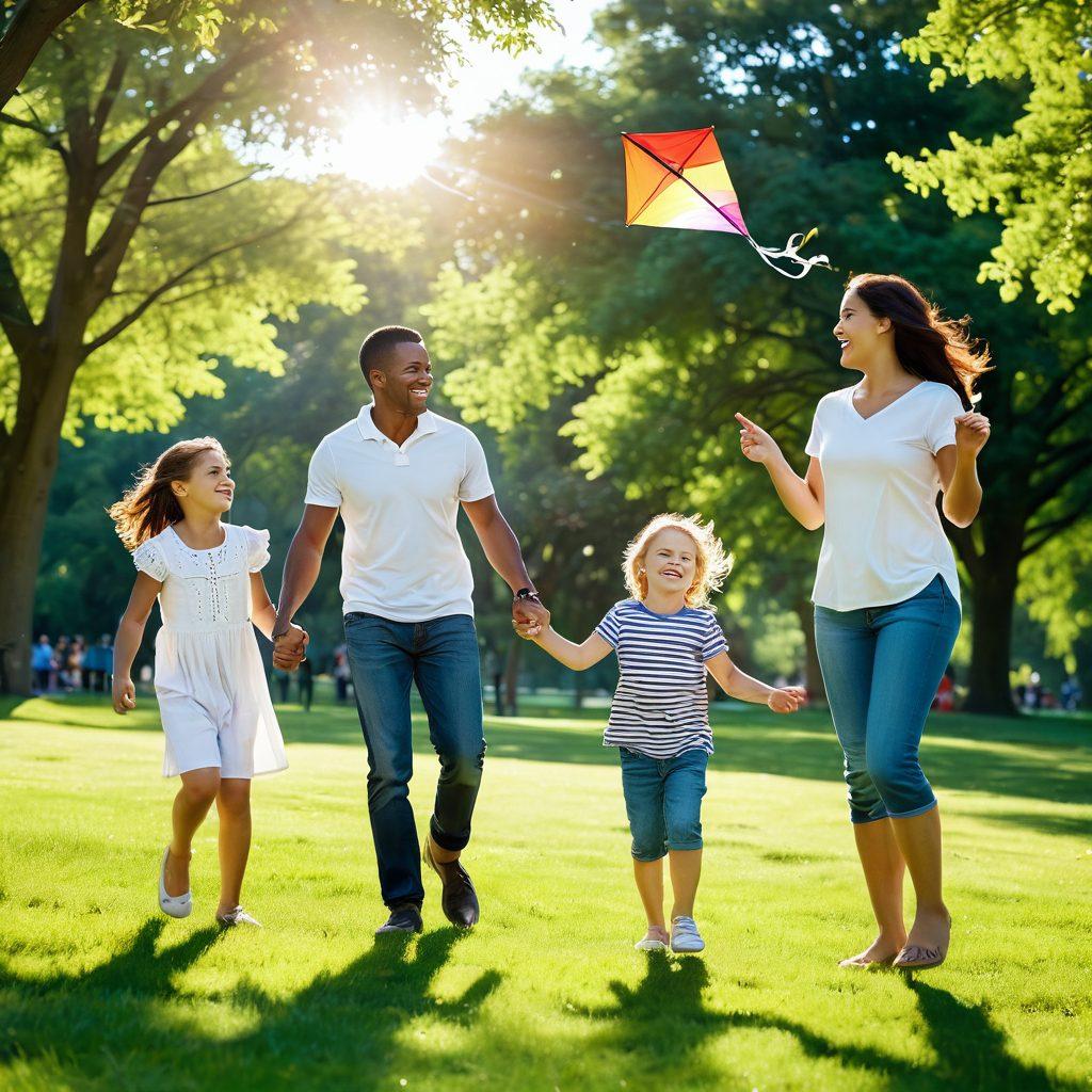 A joyful candid moment of a family enjoying a sunny day in a park, capturing the laughter of children playing with a kite while parents watch lovingly. The scene should convey warmth, connection, and the spontaneity of childhood, with vibrant nature surrounding them. Soft sunlight filtering through green leaves, highlighting the genuine expressions on their faces. super-realistic. vibrant colors.