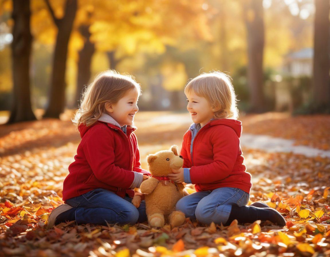 A candid moment of two young children sharing a heartfelt embrace, surrounded by vibrant autumn leaves, highlighting their pure joy and innocence. Soft sunlight filters through the trees, casting warm hues on their smiling faces. Include toys scattered around to evoke nostalgia and a sense of play. Super-realistic. Vibrant colors. Soft focus.