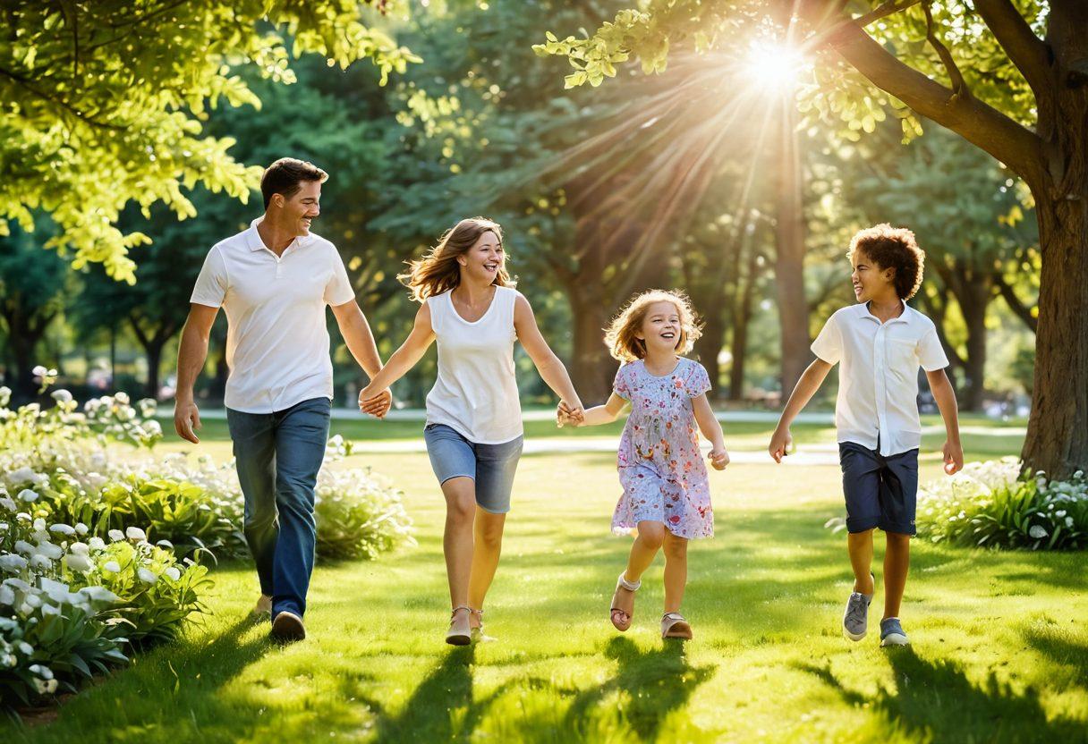 A warm, inviting scene of a family enjoying a playful moment in a sunlit park, capturing candid laughter and joy. The children are playing tag, while parents share a loving glance, surrounded by vibrant flowers and greenery. Soft sunlight filters through the trees, creating a nostalgic, heartwarming atmosphere. super-realistic. vibrant colors. soft focus.